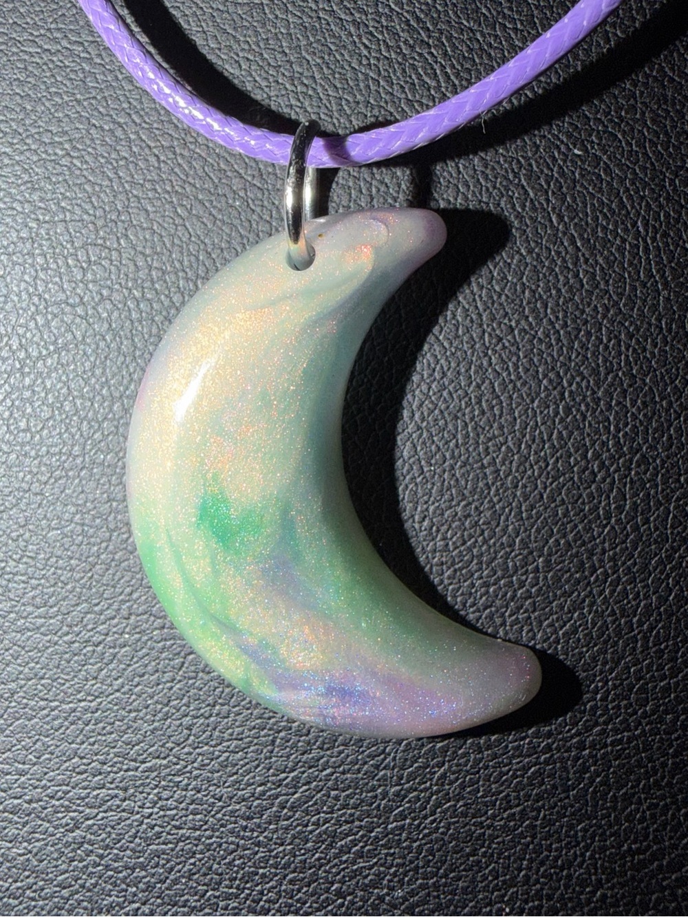 Handmade Iridescent Crescent Moon Pendant Necklace - Lavender Cord